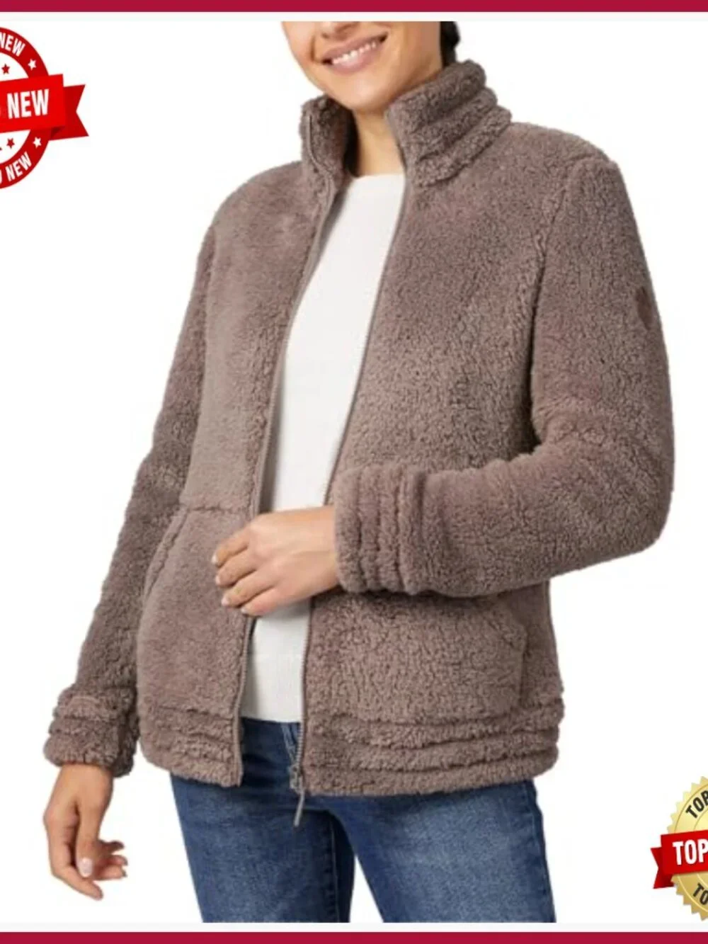 Women's Sherpa Faux Fur Fleece Jacket Long Sleeve Full Zip Casual Warm - Picture 3 of 5